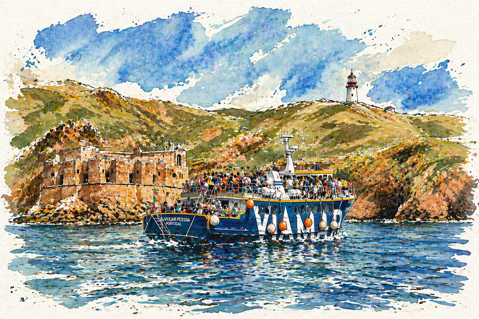 Ferry Viamar a chegar à Ilha da Berlenga em aguarela