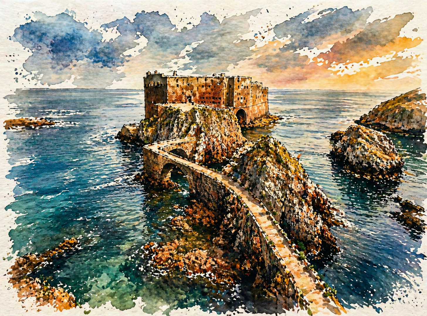 Forte de São João Baptista ao entardecer em aguarela