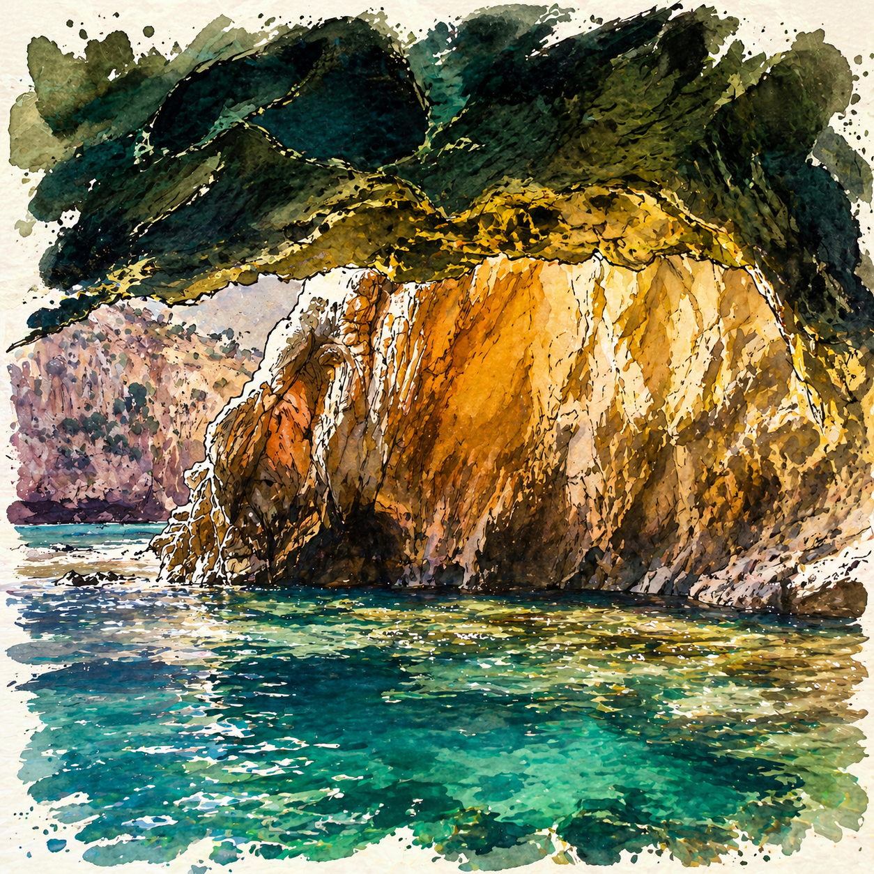 Gruta da Ilha da Berlenga em aguarela